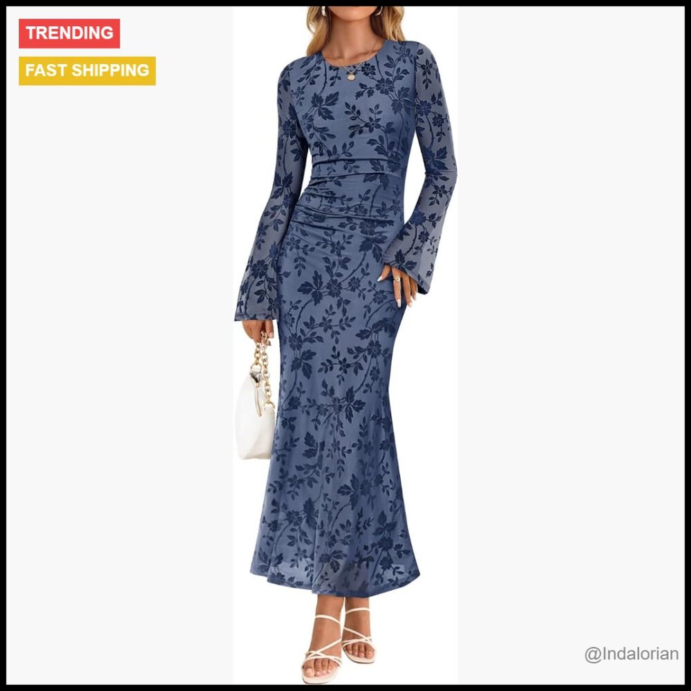 Long Sleeve Floral Bodycon Maxi Dress Ruched Mesh Wedding Guest Cocktail